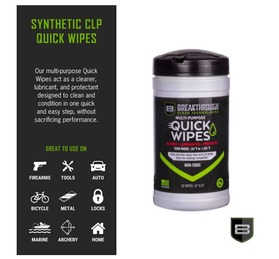 BREAKTHROUGH SYNTHETIC CLP QUICK WIPES - 50 COUNT CANISTER - (5" x 6" WIPES) - Korppi Gear
